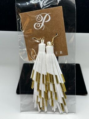 PLUNDER Goldtone White & Gold Casual Dangling Faux Leather Boho Earrings